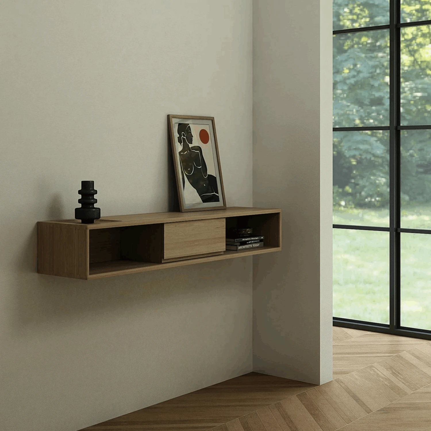 Circa Hanging Cabinet W/ Two Niches And Drawer - Oak - Image 4